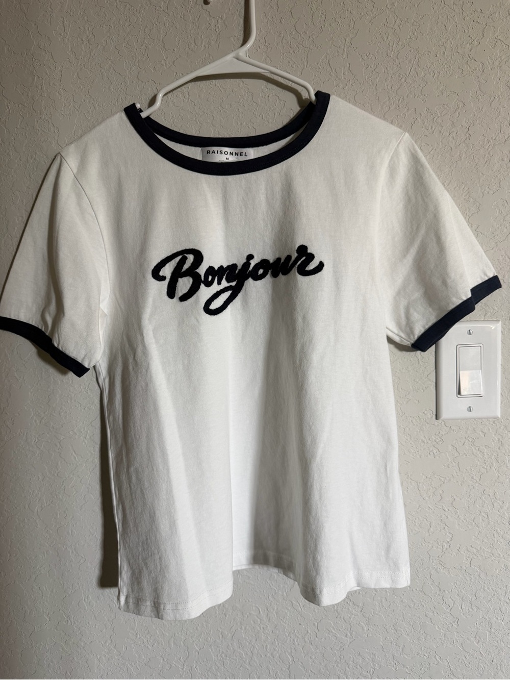 White 'Bonjour' Ringer Tee with Navy Blue Trim